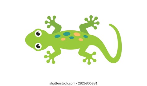 A flat vector illustration depicts a green lizard with colorful spots on its back, set against a white background.
