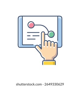 A ilustração de vetor plano representa uma mão tocando em uma mesa digitalizadora de tela sensível ao toque que exibe a estratégia. Possui círculos coloridos conectados por linha.