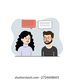 Uma ilustração vetorial plana retrata um homem e uma mulher envolvidos na conversa, significados por duas bolhas de fala acima de suas cabeças. A imagem transmite temas de comunicação, diálogo e interação entre indivíduos. É adequado para representar discussões, trabalho em equipe ou intercâmbios sociais em vários contextos digitais.