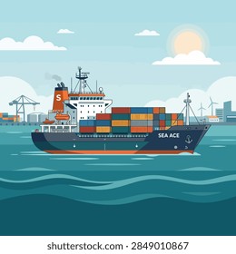 A flat vector illustration depicts a massive container vessel navigating through tranquil sea waters. The ship is loaded with colorful stacked shipping containers under a bright sun and soft clouds. In the background, a distant industrial harbor with cranes and wind turbines completes the maritime scene