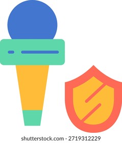Una Ilustración vectorial plana representa un micrófono junto a un escudo, que simboliza el periodismo seguro y el discurso protegido. El diseño utiliza un estilo moderno y minimalista con colores llamativos y contrastantes, ideales para medios digitales e infografías.