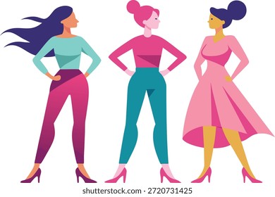 Una Ilustración vectorial plana representa a tres mujeres de pie una al lado de la otra en poses seguras, con las manos apoyadas en las caderas. La mujer de la izquierda lleva una camiseta de color verde azulado claro y pantalones de color rosa, con el pelo largo y oscuro que fluye. 