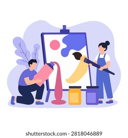 A flat vector illustration depicts two artists painting on a canvas with various colorful art supplies in a creative studio setting.