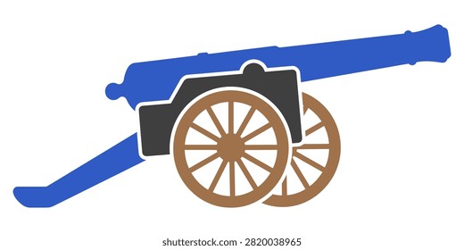 A flat vector illustration depicts a vintage cannon with a dark gray carriage and a blue barrel, set against a clean white background for design projects.