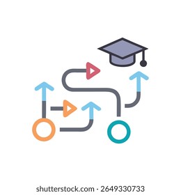 A flat vector illustration depicts a winding path with arrows and graduation cap. Clean graphic style on a White Background.