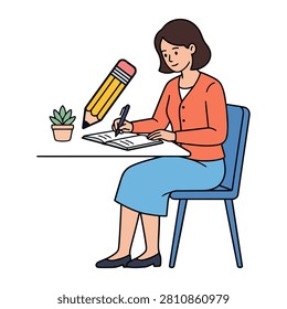 A flat vector illustration depicts a woman sitting at a white desk and writing in a notebook. A giant pencil floats above the table next to a small potted plant. The clean design captures a peaceful moment of focus for learning or creative journaling.