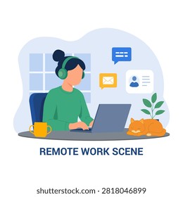 A flat vector illustration depicts a woman working remotely on a laptop with headphones, showcasing a comfortable home office environment.