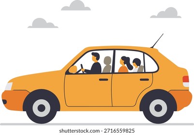 A flat vector illustration depicts a yellow car with four passengers, including a driver, traveling under a cloudy sky. The scene suggests a family trip or shared ride.