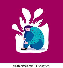 Flat vector illustration of depressed sad girl sitting in a closed pose, hugging her knees. The concept of support and care for people under stress. Psychology, depression, bad mood.