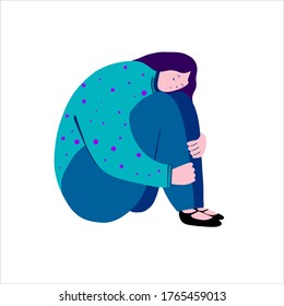 Flat vector illustration of depressed sad girl sitting in a closed pose, hugging her knees. The concept of support and care for people under stress. Psychology, depression, bad mood.