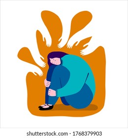 Flat vector illustration of depressed sad girl sitting in a closed pose, hugging her knees. The concept of support and care for people under stress. Psychology, depression, bad mood.