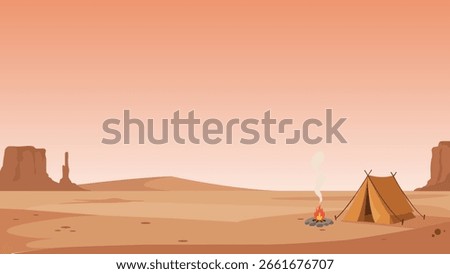 Flat vector illustration of a desert campsite with a tent and a small campfire set against a vast, open landscape with warm desert tones and rock formations.