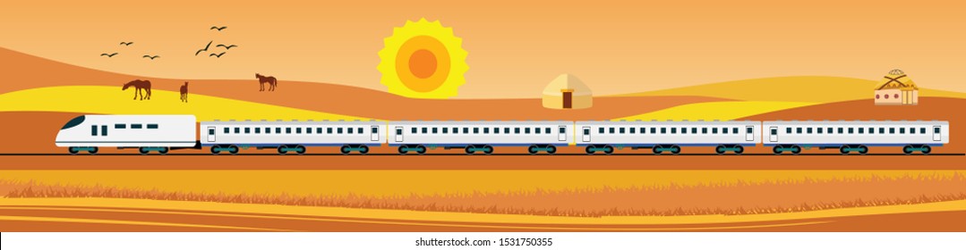 Flat vector illustration of  desert countryside landscape golden hills view, train driving near the mountains, Kazakhstan. Banner horizontal panorama.
