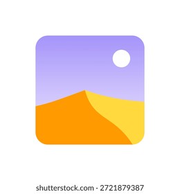 Flat vector illustration of a desert landscape icon with golden sand dunes and the sun in a light purple background. A clean minimalist graphic design for applications, websites, or other creative projects.