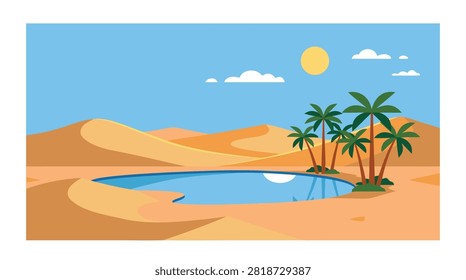 A flat vector illustration of a desert oasis with palm trees, sand dunes, a blue pond, and a bright sun in a clear sky.