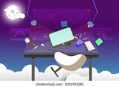 Flat vector illustration design astronomy office interior working space technology digital concept in minimalistic working creative studio room