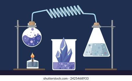 Flat vector illustration design. Background with a set of chemical equipment for experiments, vials, glass flask, test tubes with substance and reagents. 