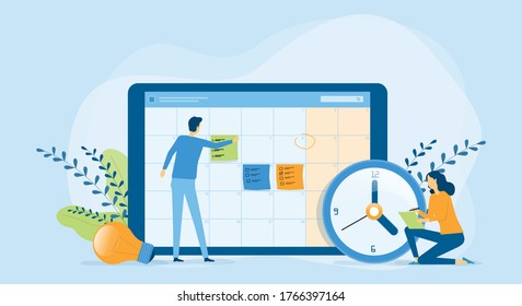 Flat vector illustration design Business planning concept and Business people team working with digital online calendar