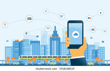 flat vector illustration design business smart city concept and social network connection for online business background. with hand hold mobile phone 