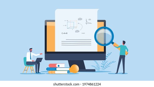 Flat vector illustration design business research online education and E-learning with people business team working concept