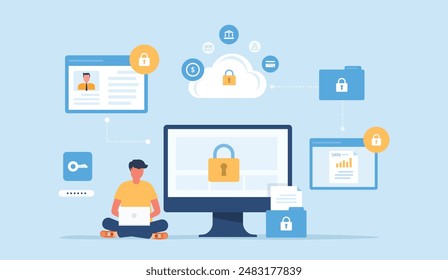 diseño de Ilustración vectorial plana protección de datos empresariales y concepto de ciberseguridad de internet. personas sentadas trabajando con un monitor de ordenador. 
