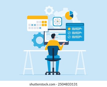 Diseño de Ilustración vectorial plana Gente de negocios que trabaja con el calendario en línea para el concepto de planificación de horario de trabajo
