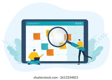 Flat vector illustration design Business planning concept and Business people team working management project schedule with digital online calendar.