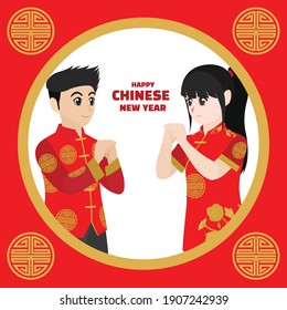 flat vector illustration design of a children in traditional clothes, chinese new year event. can be use for printing media