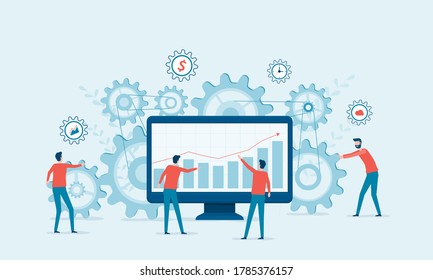 Flat Vector Illustration Design Concept Business Process And Business Team Working Together Building For Start Up Business. With Gears And Performance Monitoring Graph.