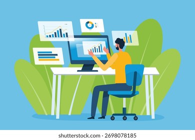 design de ilustração de vetor plano Data Scientist e conceito de análise de dados. empresários trabalhando com monitores de painel de gráfico de informações. um homem trabalhando na mesa, analisando dados em um computador
