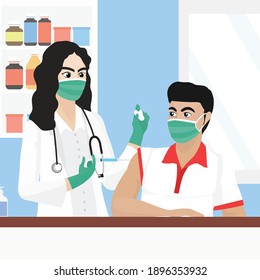 flat vector illustration design of a doctor giving a vaccine. Can be used for medical and health content