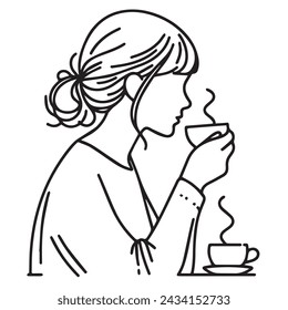 flat vector illustration design with girl drinking tea line art