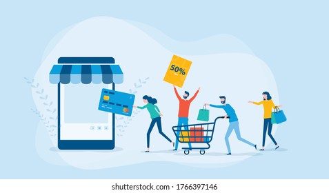 Flat vector illustration design group people shopping online concept