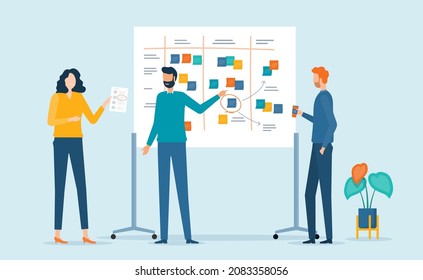 Flat vector illustration design group business people team meeting talking brainstorming for Business marketing planning concept with color sticky note on whiteboard. set cartoon character design.