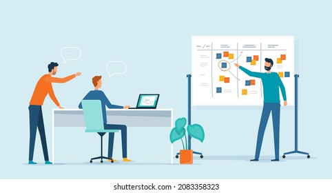 Flat vector illustration design group business people team meeting talking brainstorming for Business marketing planning concept. Businessman sitting at desk working with laptop. color sticky note on 