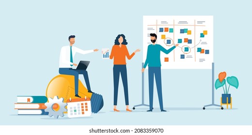 Flat vector illustration design group business people team meeting talking brainstorming for Business marketing planning concept with color sticky note on whiteboard. set cartoon character design.