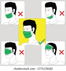 flat vector illustration design of how to wear a mask part 2 to prevent covid-19 corona virus concept. Can be used for medical and health content