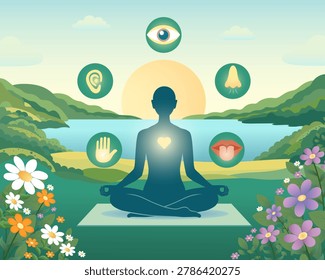 Flat vector illustration design human practicing yoga with perception channels icons and landscape background. Serene mindfulness scene of a meditating figure in nature, symbolizing balance, self-awareness, and the connection of senses. Perfect for wellness, spirituality, and meditation concepts. 