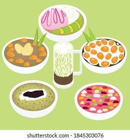 flat vector illustration design  indonesia traditional street food, sweet and cold drinks. can be use for printing media