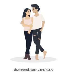 Flat vector illustration design, love and romance concept, young couple man and woman hugging and standing together