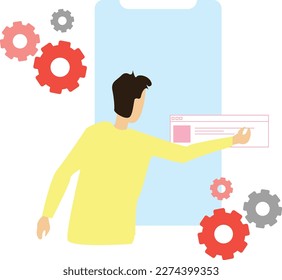 Flat vector illustration design man creates layout interface building sites and placing content