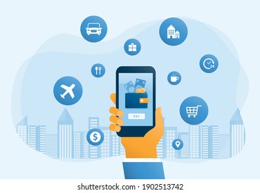 diseño de ilustración de vector plana cartera móvil y concepto de pago móvil para banner de página web y aplicación móvil con concepto de diseño para el servicio de dispositivos inteligentes digitales en línea para empresas 