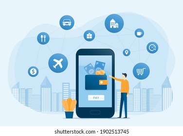 flat vector illustration design mobile wallet and mobile payment concept for web page banner and mobile application with design concept for technology digital smart device service online on business 