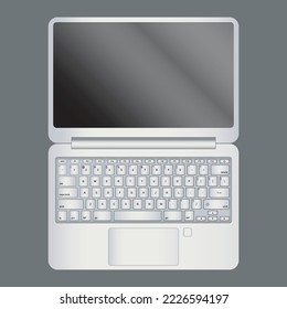 Flat vector illustration design of a modern compact laptop with 180 degree rotation on a flat surface with biometric fingerprint scanner