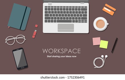 Flat vector illustration design of office working desk from above (top view) with isolated stationary and gadgets. Work from home workspace during quarantine.