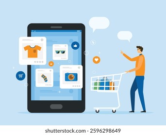 flat vector illustration design for online shopping and e-commerce concept. a man shopping with a large smartphone displaying. mobile shopping experience concept