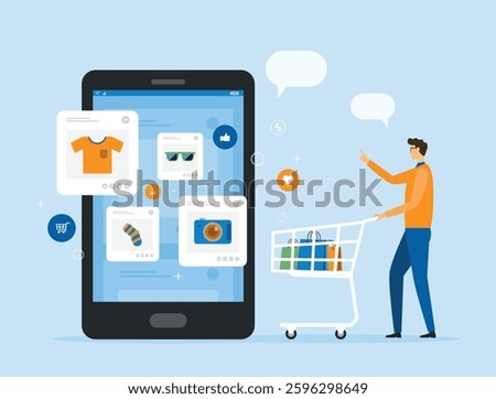 flat vector illustration design for online shopping and e-commerce concept. a man shopping with a large smartphone displaying. mobile shopping experience concept