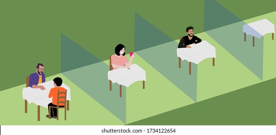 Flat vector illustration design of outdoor restaurant with barrier to keep physical distancing after covid-19 period.