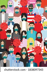 flat vector illustration design of random people wear a mask to prevent covid-19 corona virus concept, people vector, people icon. Can be used for medical and health content