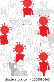 flat vector illustration design of random people wear a mask to prevent covid-19 corona virus concept, people vector, people icon  black and white version. Can be used for medical and health content